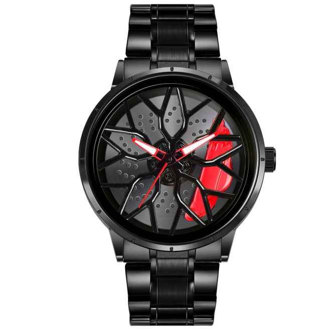 Men's Car Wheel Watch with Spinning Rim | 42MM Analog Stainless Steel Quartz, Water & Scratch Resistant SKU-W2