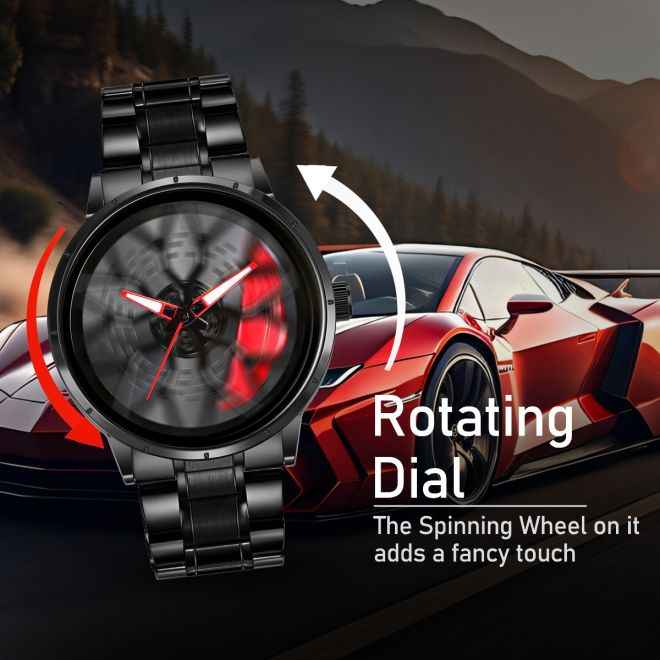 Men's Car Wheel Watch with Spinning Rim | 42MM Analog Stainless Steel Quartz, Water & Scratch Resistant SKU-W2