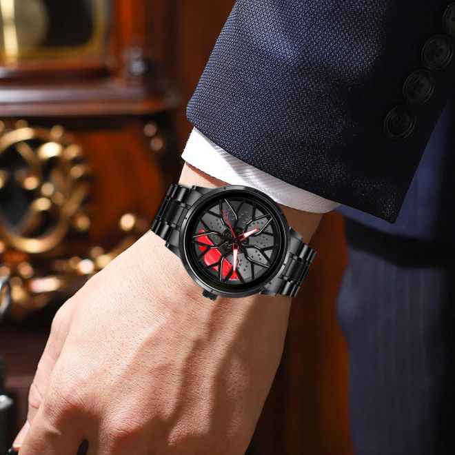 Men's Car Wheel Watch with Spinning Rim | 42MM Analog Stainless Steel Quartz, Water & Scratch Resistant SKU-W2