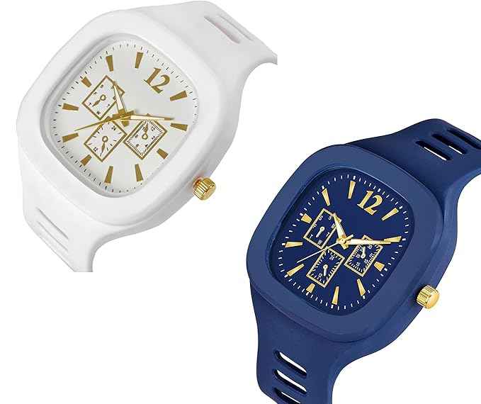 Square Dial Combo Watch for Boys & Men - Dual Color Silicone Strap Analog Watch in White and Blue | SKU-W8