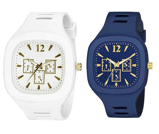 Square Dial Combo Watch for Boys & Men - Dual Color Silicone Strap Analog Watch in White and Blue | SKU-W8