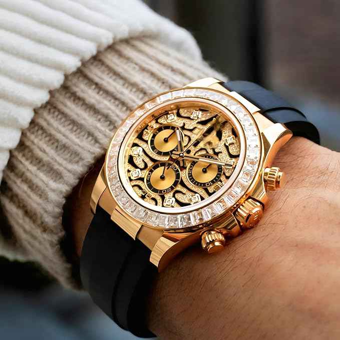 Luxury Men's Chronograph Watch with Gold Case Diamond Bezel and Skeleton Tiger Dial on Black Silicone Strap - Stylish Unisex Gift