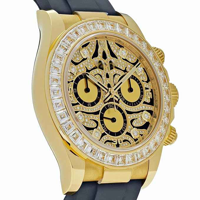Luxury Men's Chronograph Watch with Gold Case Diamond Bezel and Skeleton Tiger Dial on Black Silicone Strap - Stylish Unisex Gift