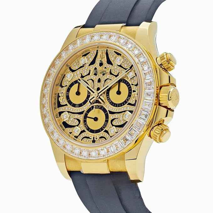 Luxury Men's Chronograph Watch with Gold Case Diamond Bezel and Skeleton Tiger Dial on Black Silicone Strap - Stylish Unisex Gift