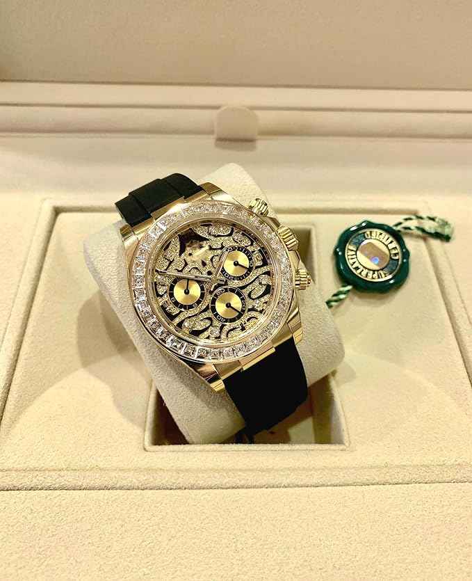 Luxury Men's Chronograph Watch with Gold Case Diamond Bezel and Skeleton Tiger Dial on Black Silicone Strap - Stylish Unisex Gift