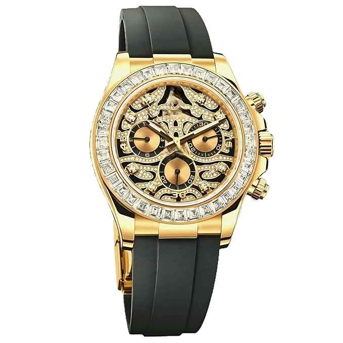 Luxury Men's Chronograph Watch with Gold Case Diamond Bezel and Skeleton Tiger Dial on Black Silicone Strap - Stylish Unisex Gift