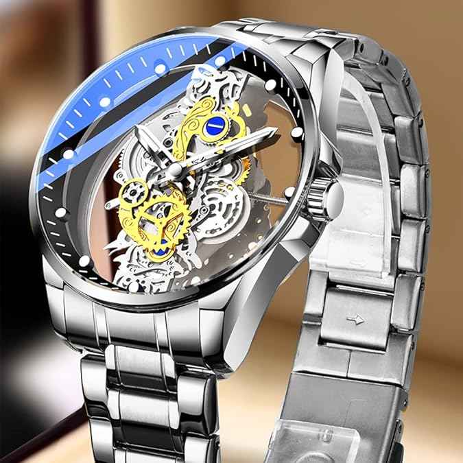 Luxury Men’s Skeleton Watch | Clear Cover Stainless Steel Waterproof Design (Silver) | SKU-W23