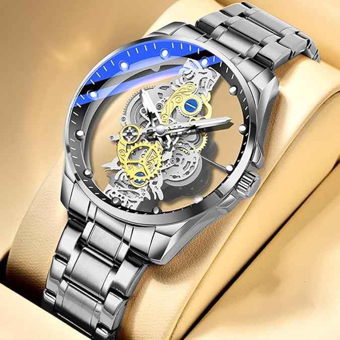 Luxury Men’s Skeleton Watch | Clear Cover Stainless Steel Waterproof Design (Silver) | SKU-W23