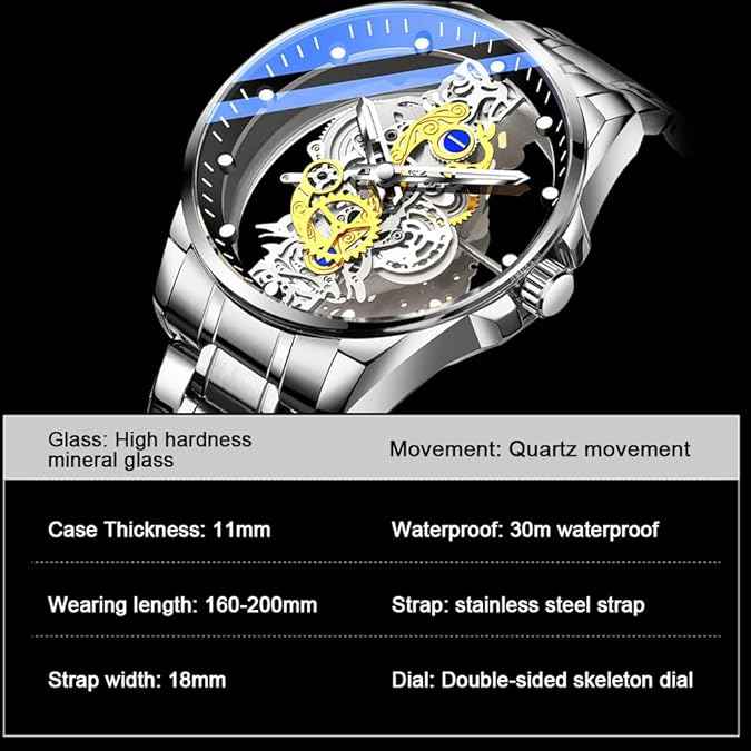 Luxury Men’s Skeleton Watch | Clear Cover Stainless Steel Waterproof Design (Silver) | SKU-W23
