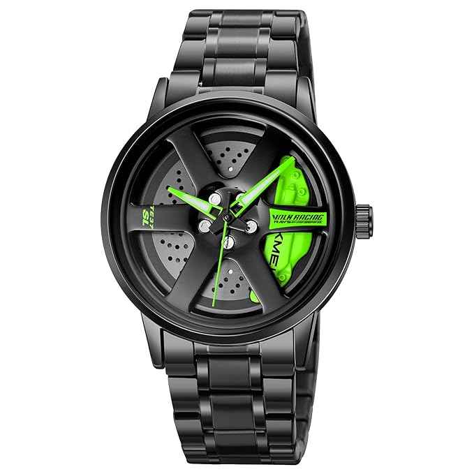 Men's Spinning Wheel Watch | Rolling Rim Dial Analog Timepiece with Black Stainless Steel Band | Unique Fashion Gift Wristwatch for Men | SKU-W14