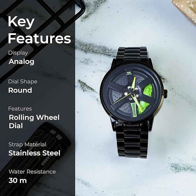Men's Spinning Wheel Watch | Rolling Rim Dial Analog Timepiece with Black Stainless Steel Band | Unique Fashion Gift Wristwatch for Men | SKU-W14