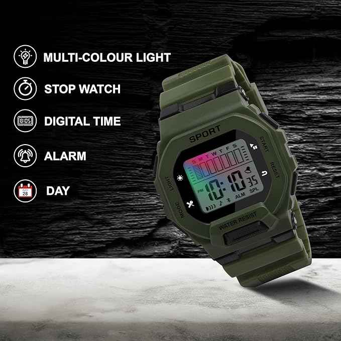 Sportz Digital Sports Watch for Kids | Waterproof LED Silicone Strap Watch for Boys & Girls | Durable & Comfortable Kids Wristwatch (Green) | SKU-W28