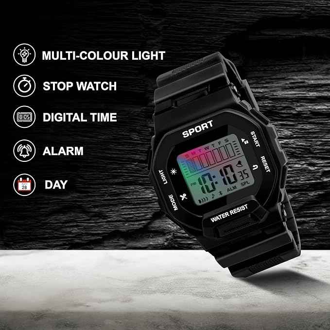 Sportz Digital Silicone Strap Watch for Kids - Waterproof LED Sports Wristwatch for Boys & Girls (Black) | SKU-W26