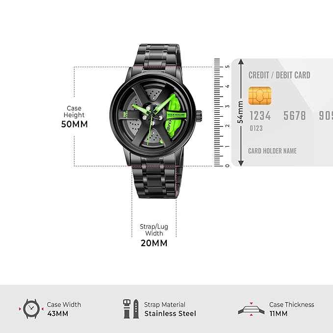 Men's Spinning Wheel Watch | Rolling Rim Dial Analog Timepiece with Black Stainless Steel Band | Unique Fashion Gift Wristwatch for Men | SKU-W14