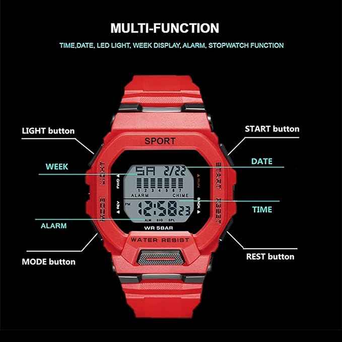 Sportz Digital Sports Watch for Kids - Waterproof Kids Digital Sports Watch with Silicone Strap for Boys & Girls in Red (SKU-W30)