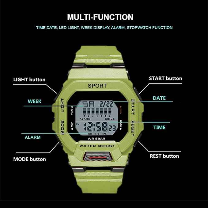 Sportz Digital Sports Watch for Kids - Waterproof LED Kids Digital Sports Watch in Lime Green with Durable Silicone Strap for Active Play