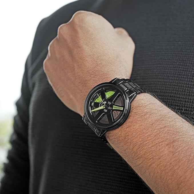Men's Spinning Wheel Watch | Rolling Rim Dial Analog Timepiece with Black Stainless Steel Band | Unique Fashion Gift Wristwatch for Men | SKU-W14