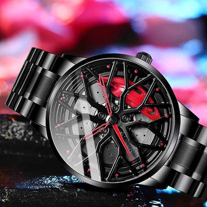Men's Sport Car Wheel Watch with 360° Rotating Multicolor Dial | Luxury Stainless Steel Quartz Timepiece for Men & Boys | SKU-W12