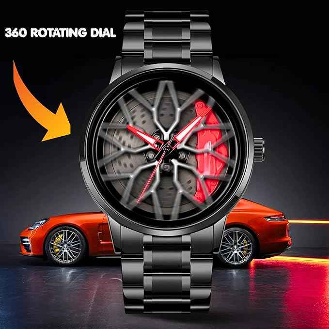 Men's Sport Car Wheel Watch with 360° Rotating Multicolor Dial | Luxury Stainless Steel Quartz Timepiece for Men & Boys | SKU-W12